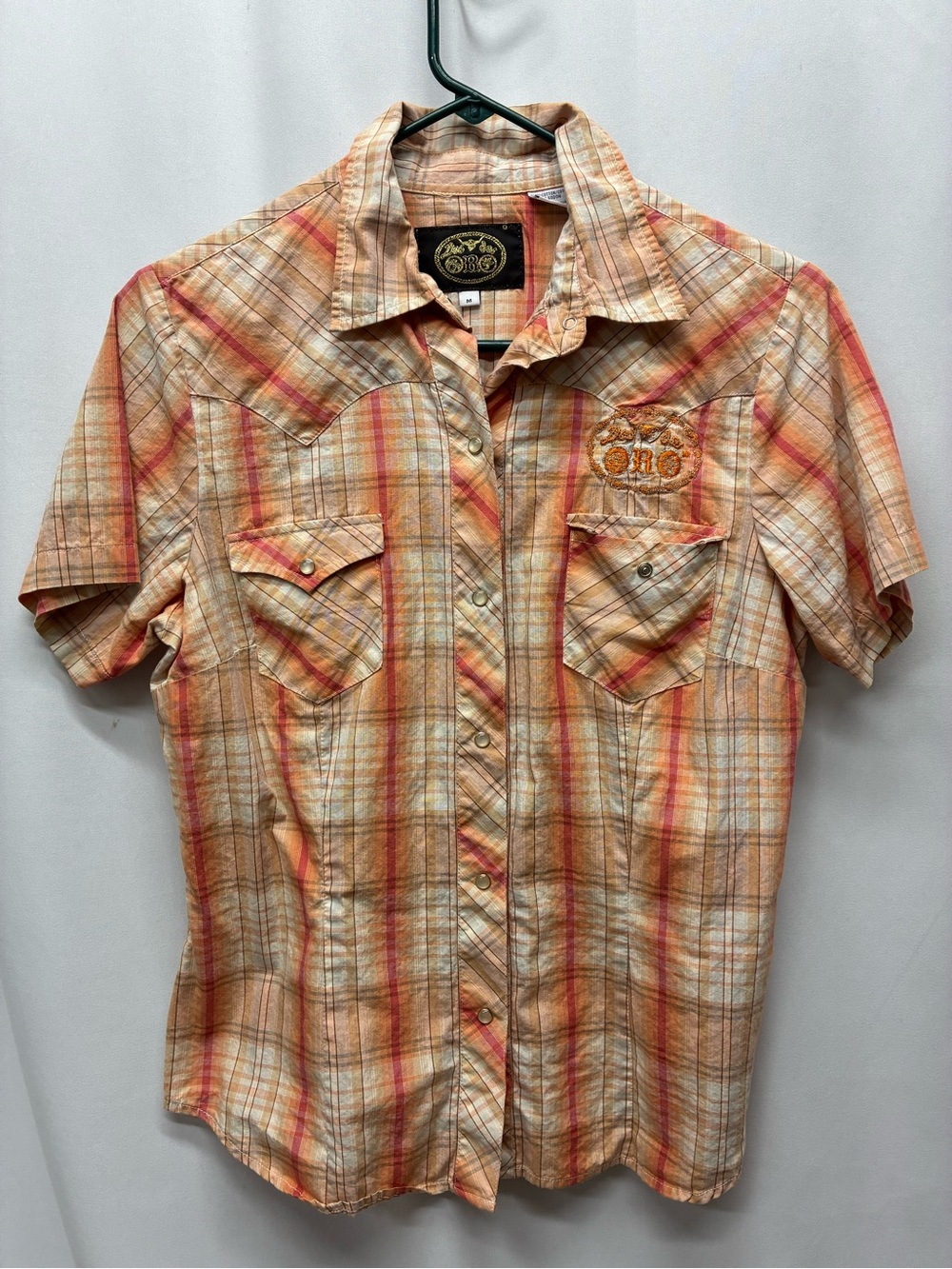 Dos De Oro western shirt pearl snap womens medium orange plaid short sleeve